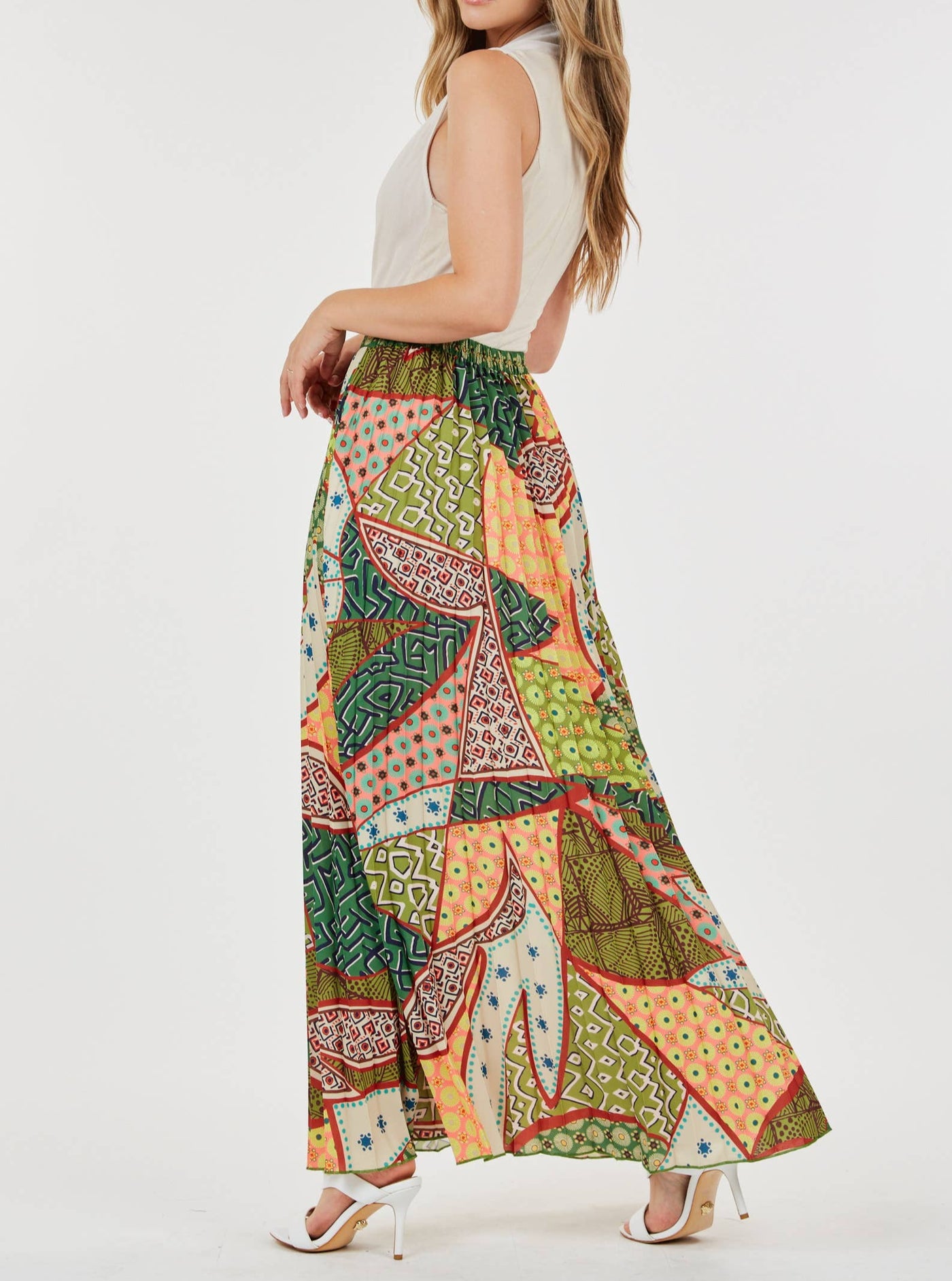 Patchwork Print Pleated Maxi Skirt