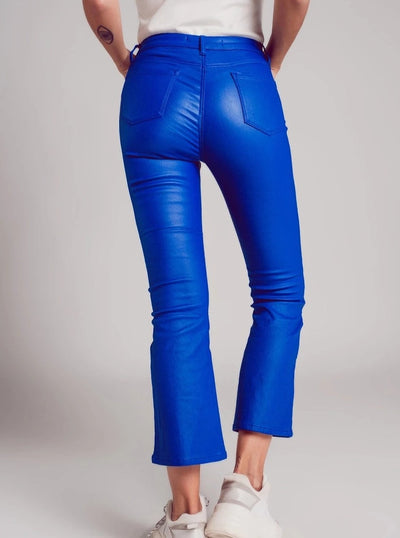 Electric Blue Faux Leather Flare Pants