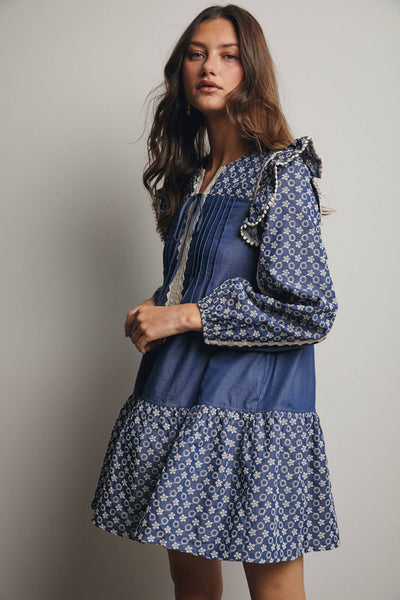 Denim Patchwork Lace Trim Mini Dress