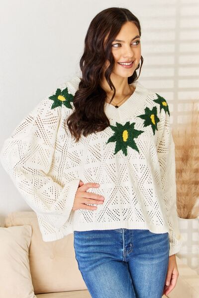 Floral Embroidered V-Neck Sweater