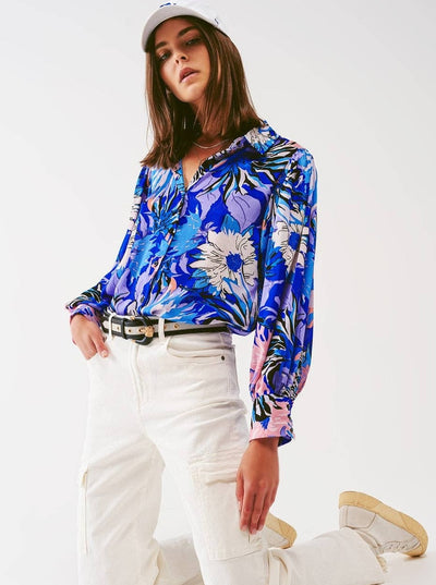 Floral Print Chiffon Blouse in Blue