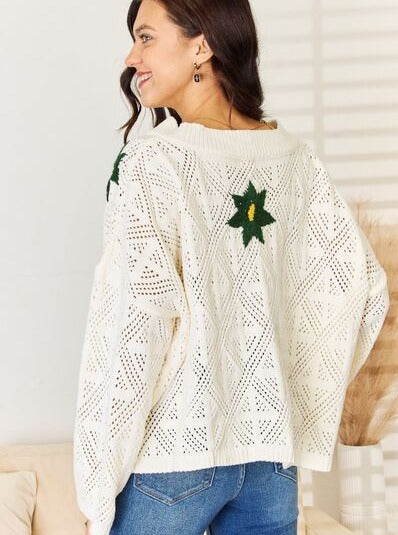 Floral Embroidered V-Neck Sweater
