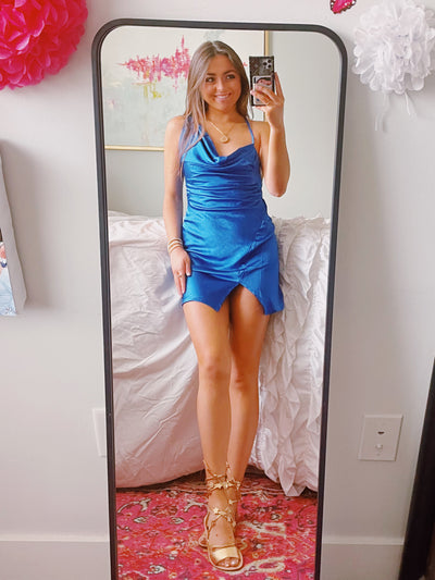 Cobalt Asymmetrical Shoulder Mini Dress