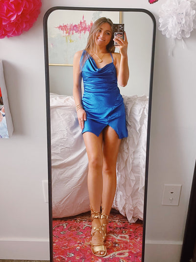 Cobalt Asymmetrical Shoulder Mini Dress